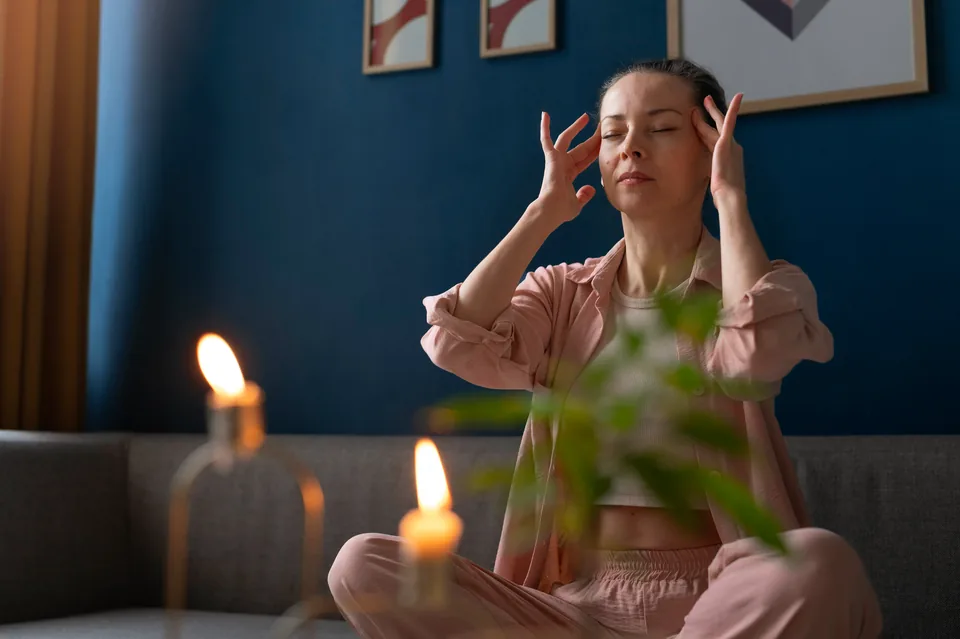 A woman sits cross-legged with her eyes closed and fingertips resting at her temples in a calm, candlelit room.